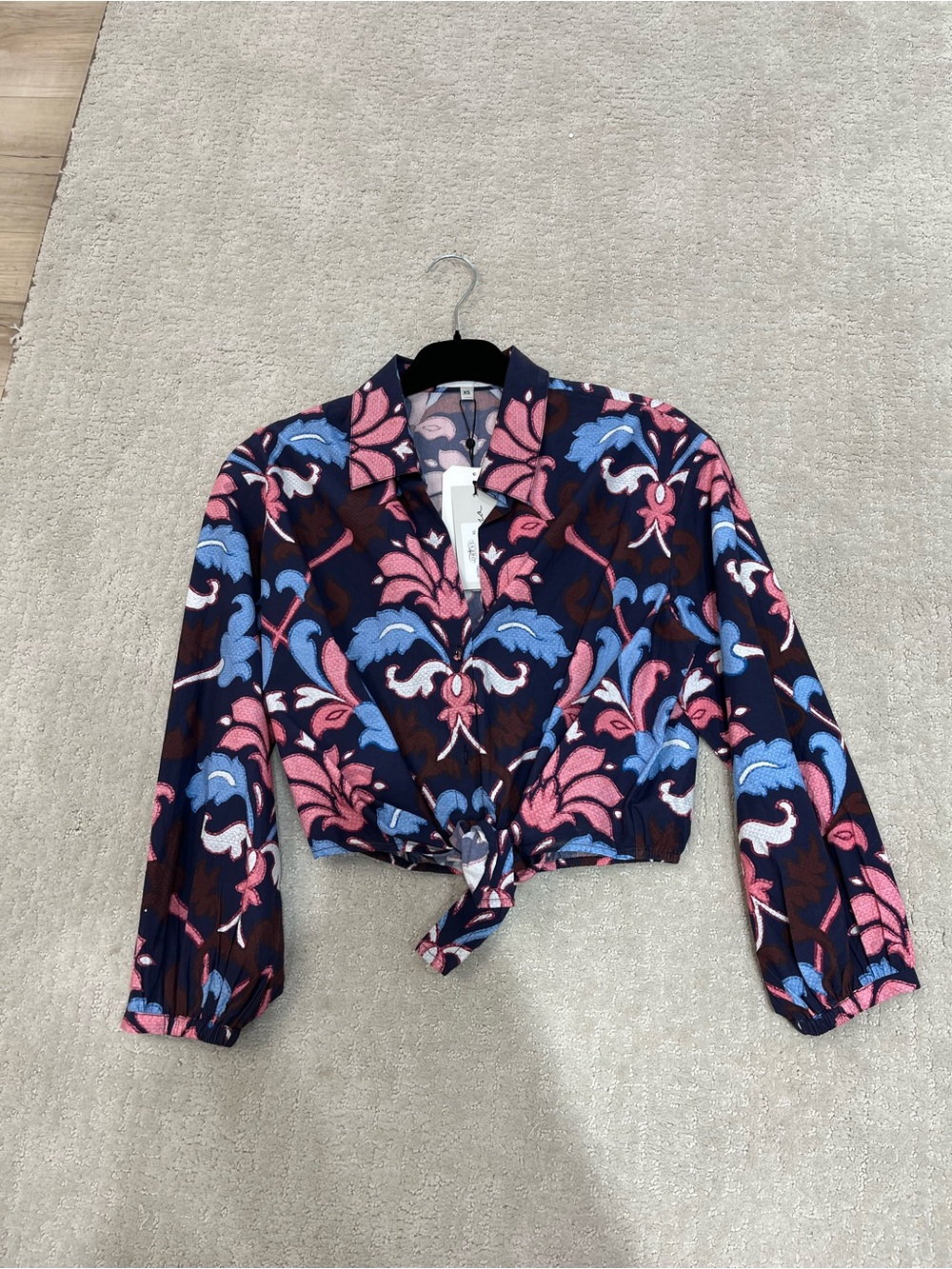 Cara Cara Navy Cropped Tie-Front Button Down Shirt with Pink & Blue Floral Print